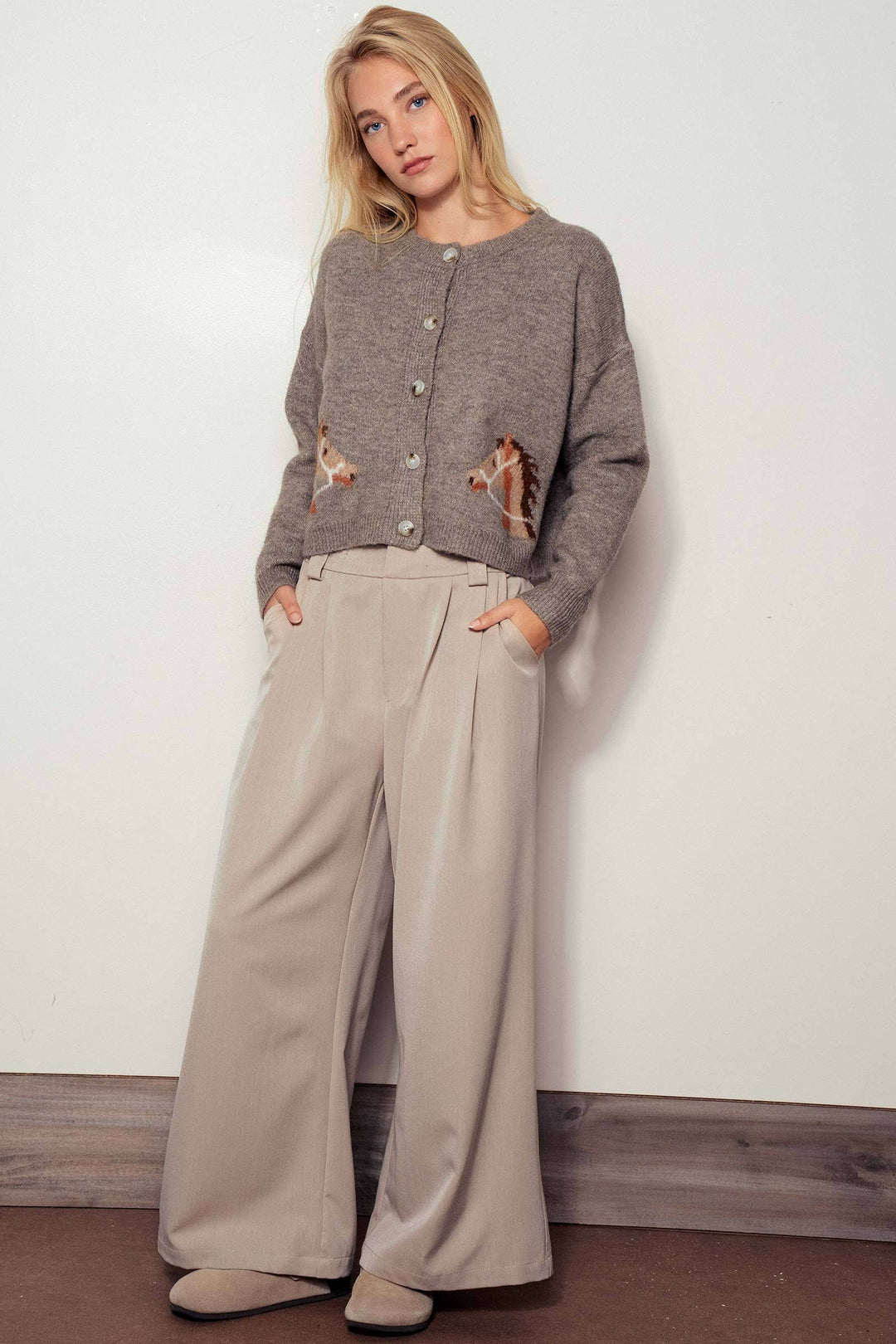 Horse Graphic Boxy Crew Neck Cardigan - PRE ORDER for Dec 1 ship