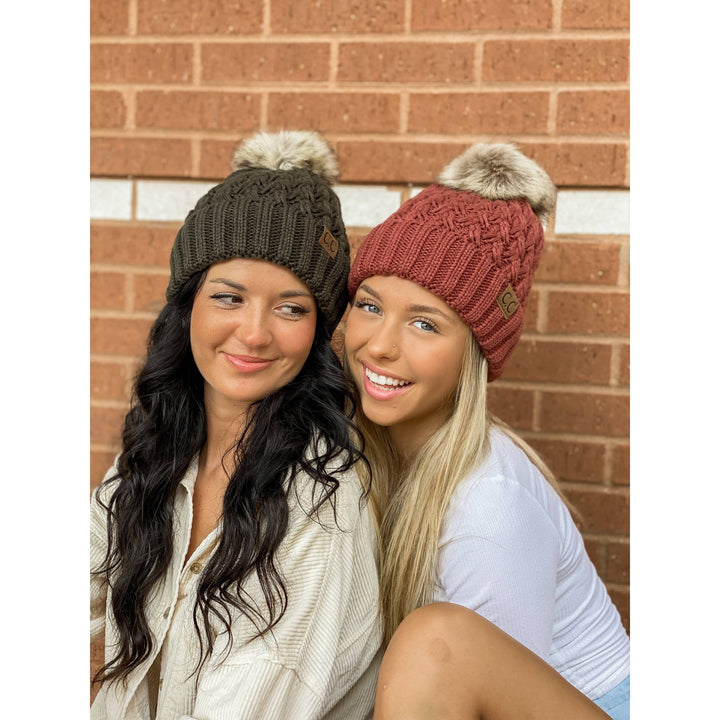 Solid Lattice Stitch Fur Pom CC Beanie YJ826