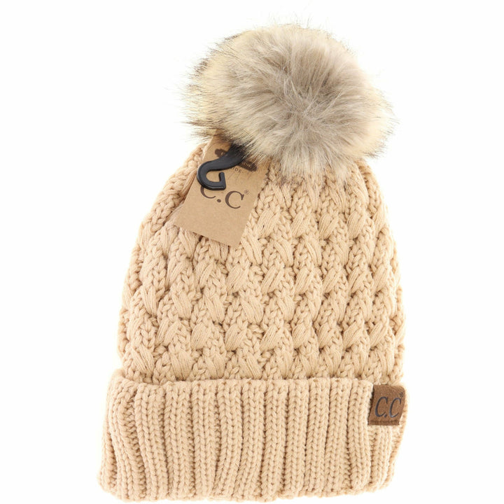 Solid Lattice Stitch Fur Pom CC Beanie YJ826