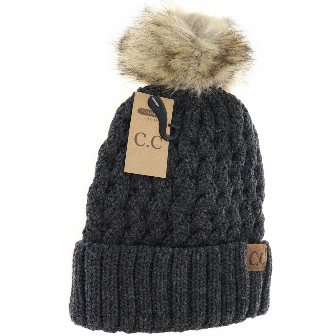 Solid Lattice Stitch Fur Pom CC Beanie YJ826