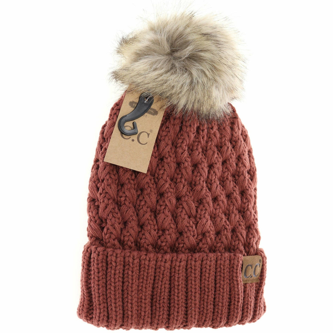 Solid Lattice Stitch Fur Pom CC Beanie YJ826