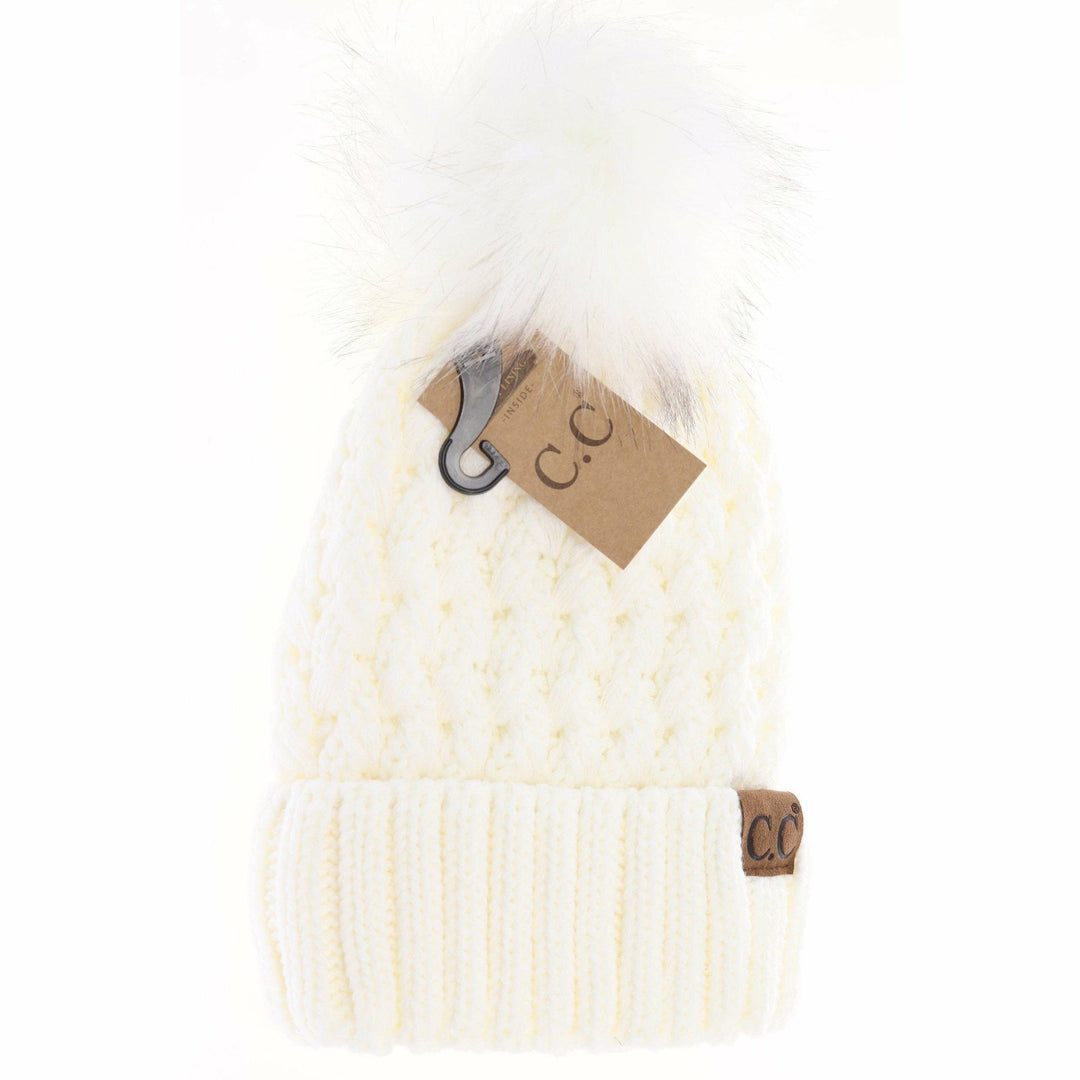 Solid Lattice Stitch Fur Pom CC Beanie YJ826