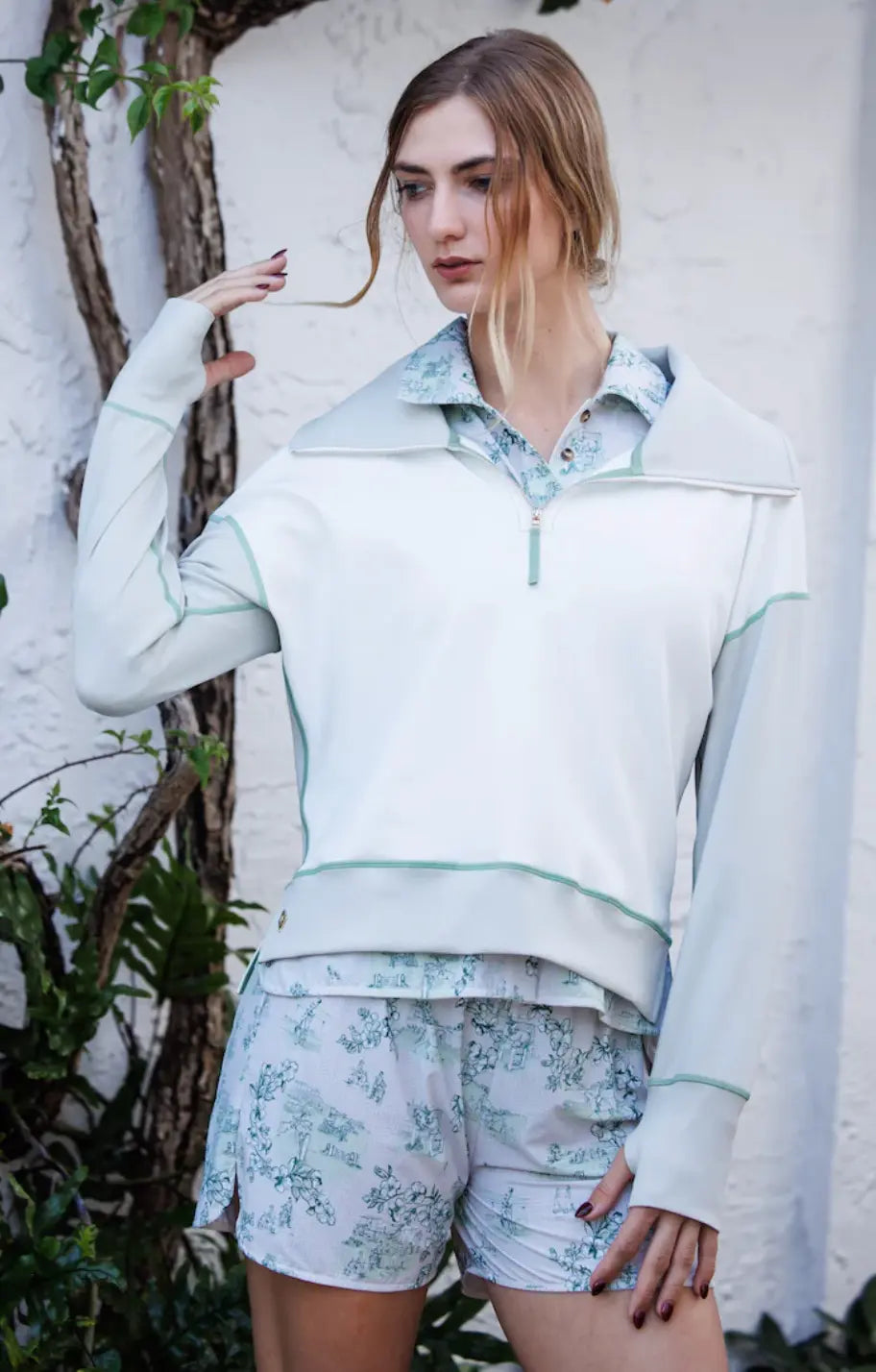 70 Degrees Half Zip Scuba 1/4 Zip Top - Color block Stone/Ivory w/ Sage Topstitch