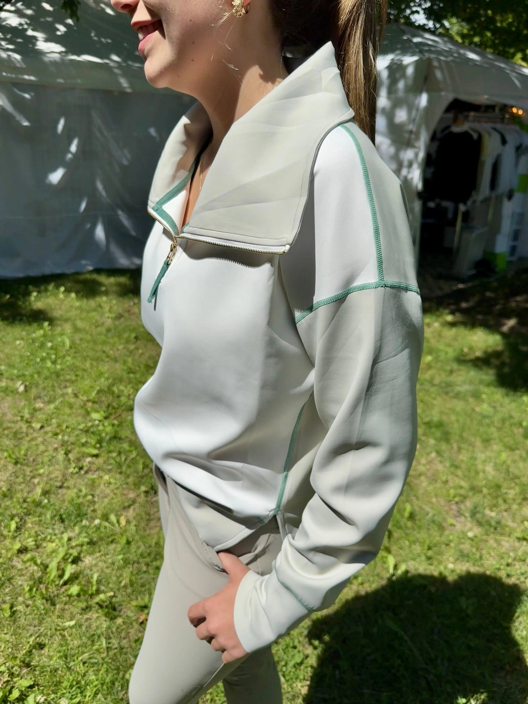 70 Degrees Half Zip Scuba 1/4 Zip Top - Color block Stone/Ivory w/ Sage Topstitch