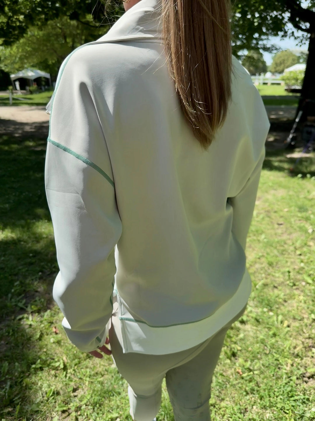 70 Degrees Half Zip Scuba 1/4 Zip Top - Color block Stone/Ivory w/ Sage Topstitch