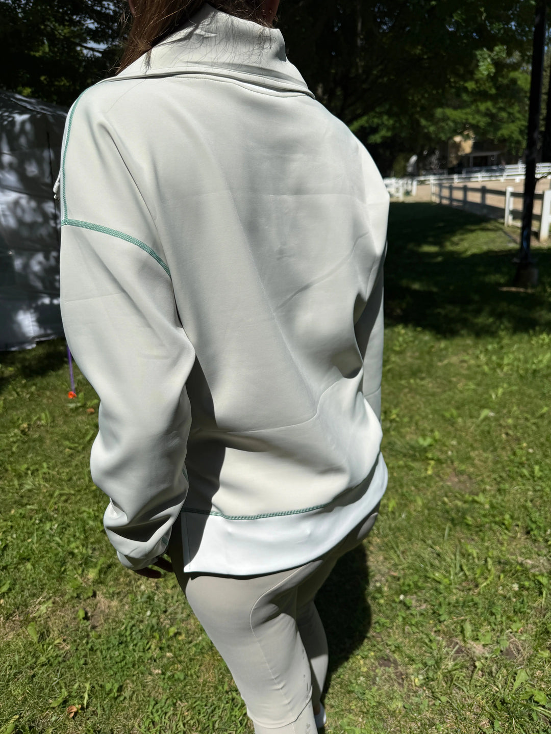 70 Degrees Half Zip Scuba 1/4 Zip Top - Color block Stone/Ivory w/ Sage Topstitch