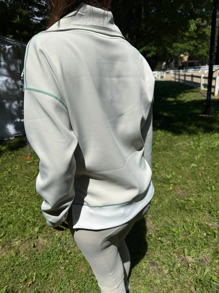 70 Degrees Half Zip Scuba 1/4 Zip Top - Color block Stone/Ivory w/ Sage Topstitch