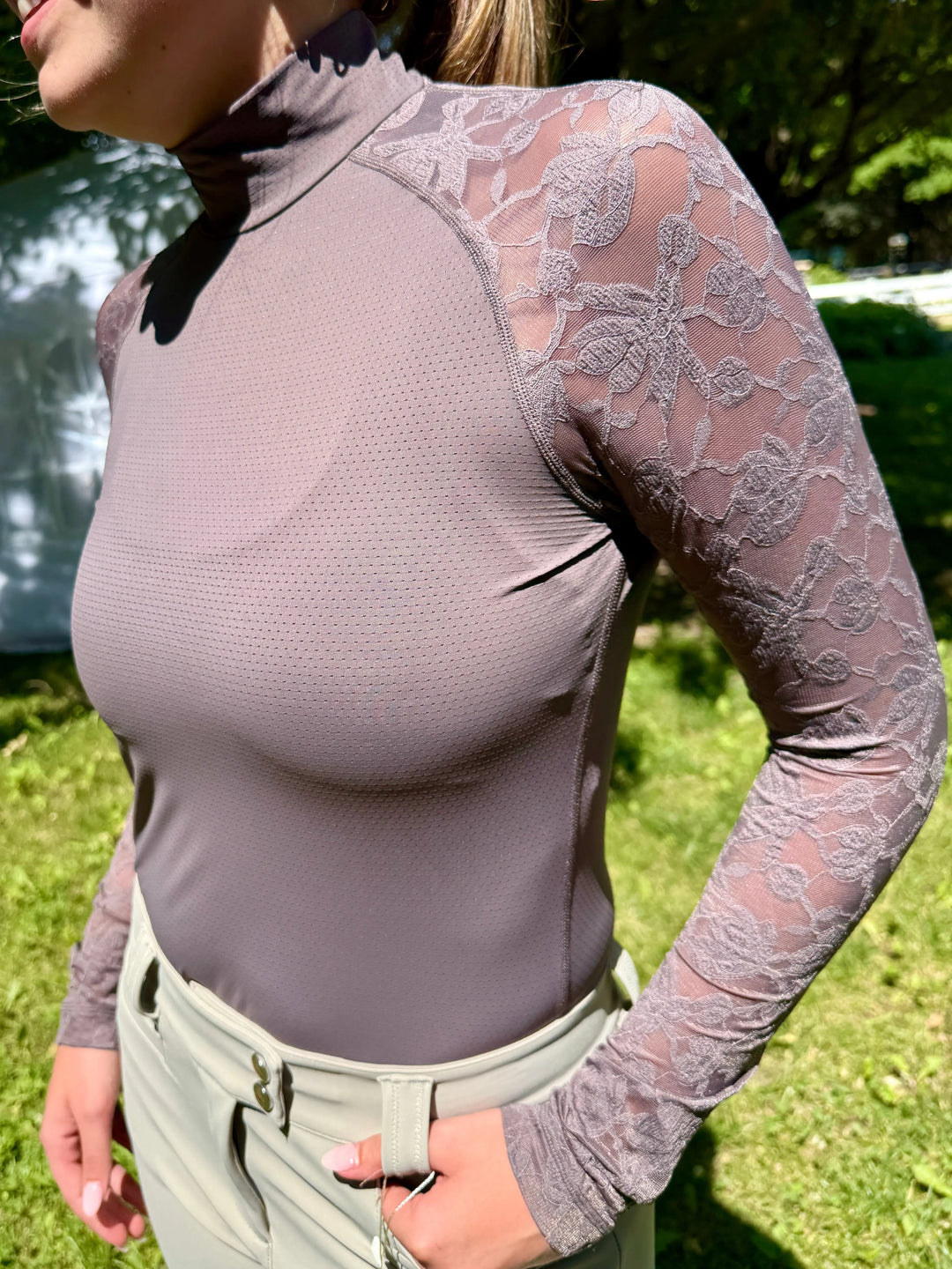 70 Degrees Lace Floral Mesh Sport Mock