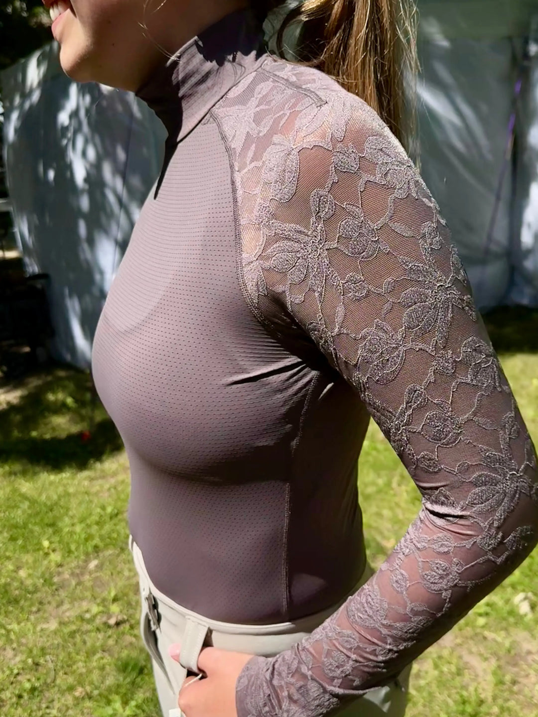 70 Degrees Lace Floral Mesh Sport Mock
