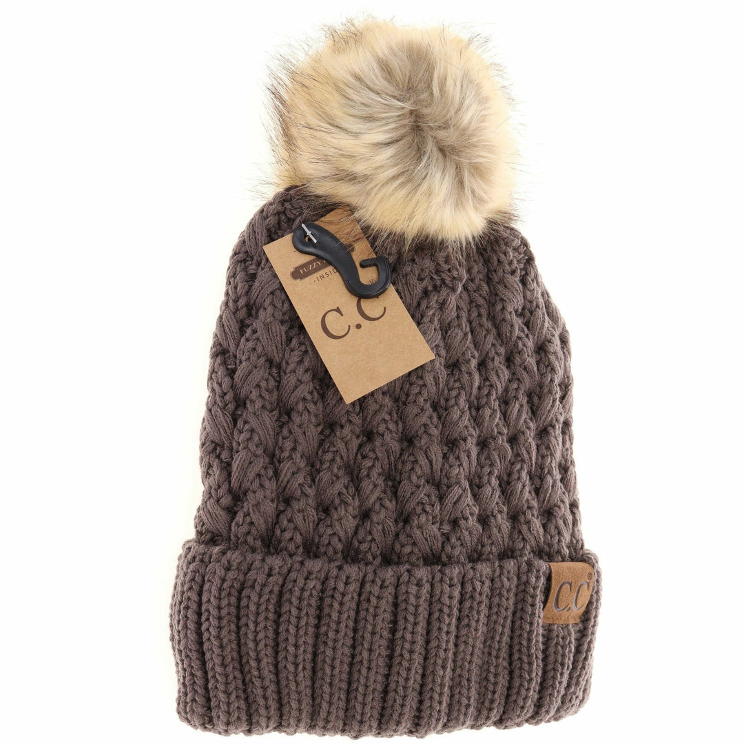 Solid Lattice Stitch Fur Pom CC Beanie YJ826