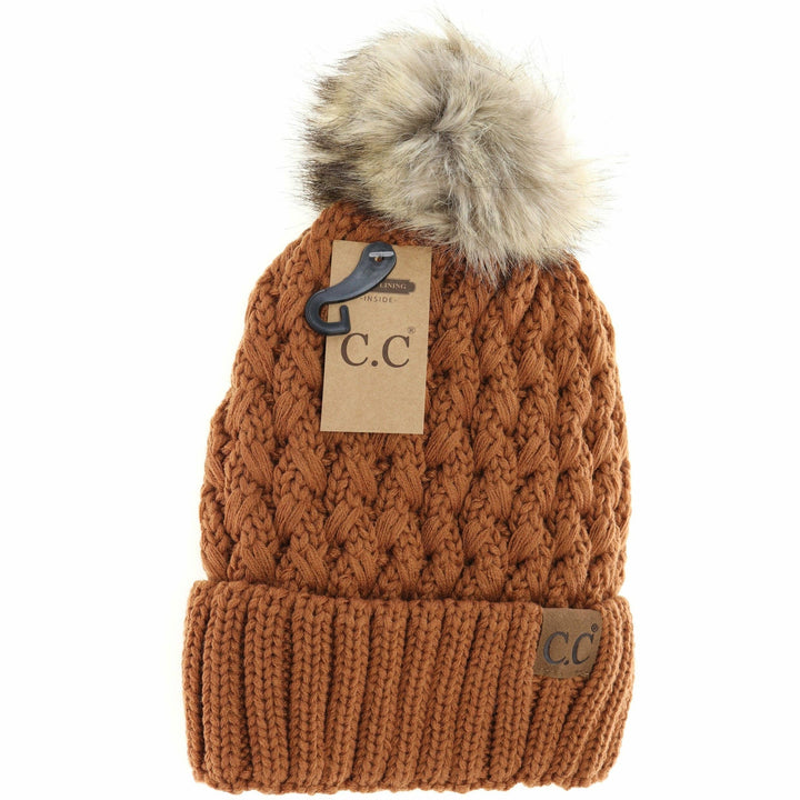 Solid Lattice Stitch Fur Pom CC Beanie YJ826