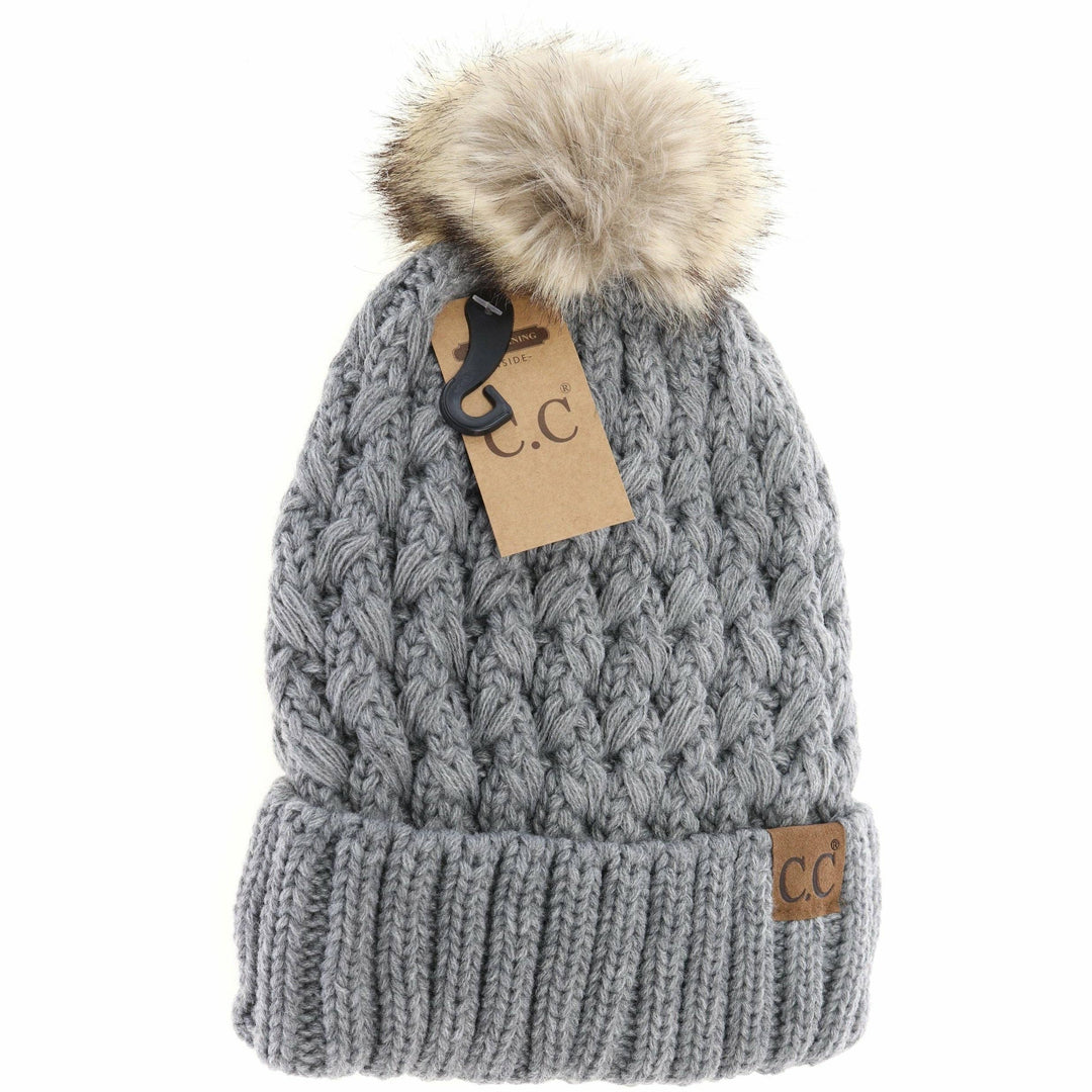 Solid Lattice Stitch Fur Pom CC Beanie YJ826