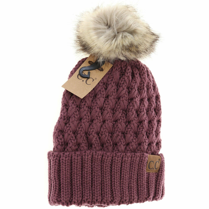 Solid Lattice Stitch Fur Pom CC Beanie YJ826