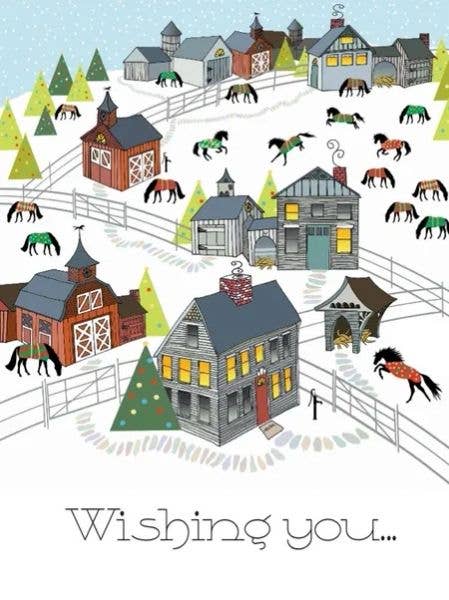 Horse Christmas Single Card: New England Town Aerial with Horses