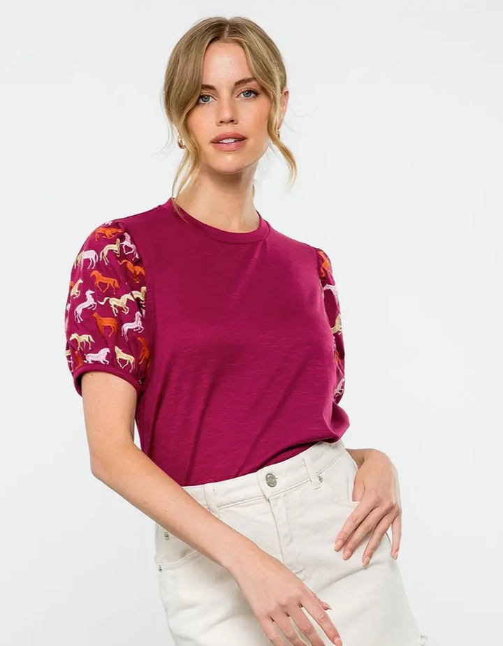 Burgundy Embroidered Horse Puff Sleeve Top THML