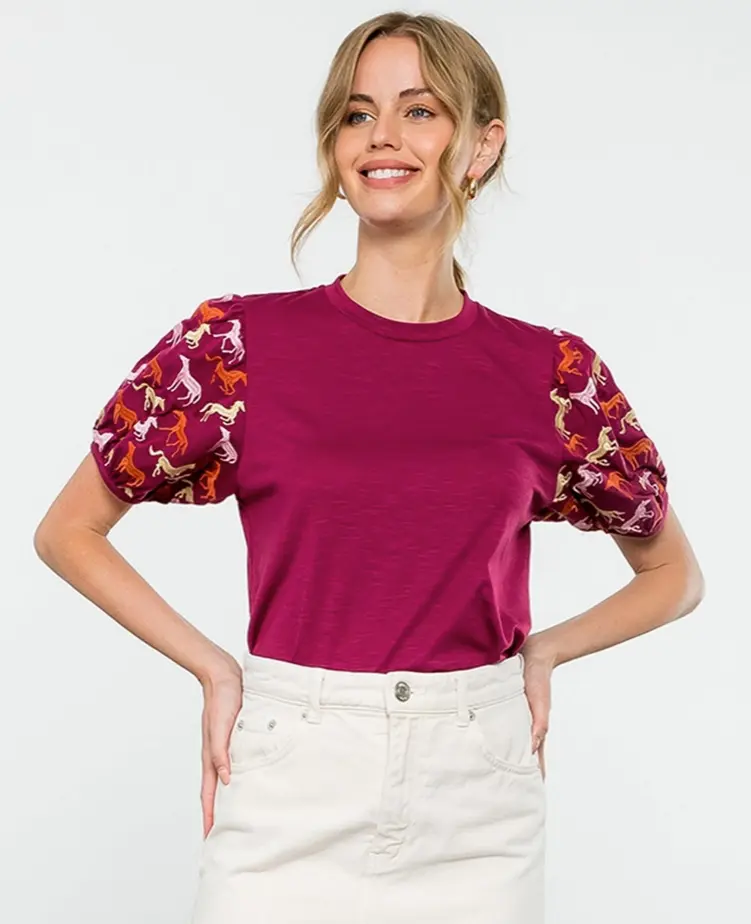 Burgundy Embroidered Horse Puff Sleeve Top THML