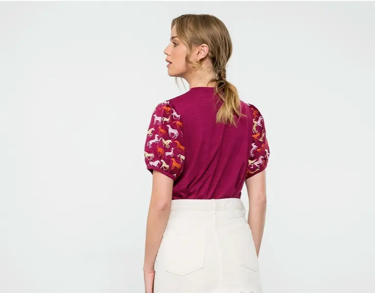 Burgundy Embroidered Horse Puff Sleeve Top THML