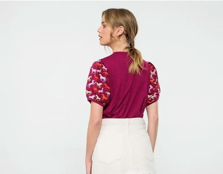Burgundy Embroidered Horse Puff Sleeve Top THML