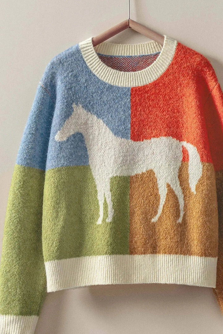 Colorblock Horse Intarsia Graphic Sweater Urban Daizy