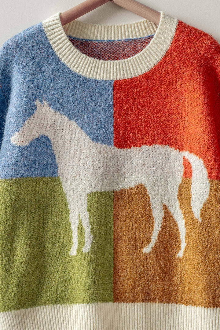 Colorblock Horse Intarsia Graphic Sweater Urban Daizy