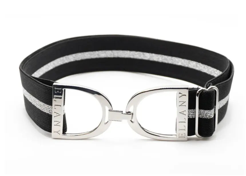 Ellany Belts - 1.5" Black with Silver Sparkle Stripe with Silver Stirrup ELLANY