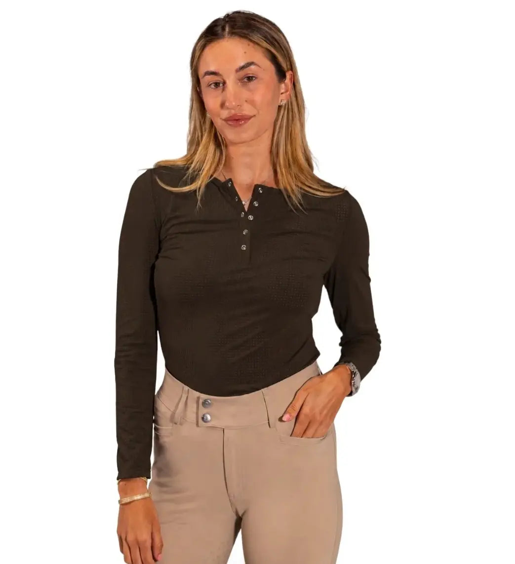 Equisite Maxine Perforated Snap Button Crew Long Sleeve Equisite