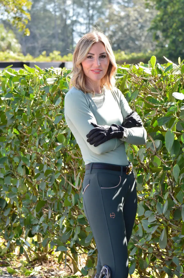 Halter Ego Evolution Mid Rise Full Seat Breeches - Spruce Green & Rosegold Halter Ego