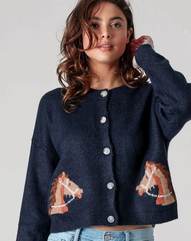 Horse Graphic Boxy Crew Neck Cardigan - New Colors! RIDE OR DIE EQUESTRIAN SHOP