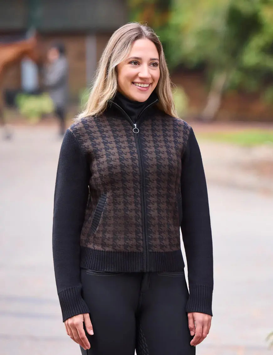 Houndstooth Full Zip Sweater - Black & Carob Kerrits