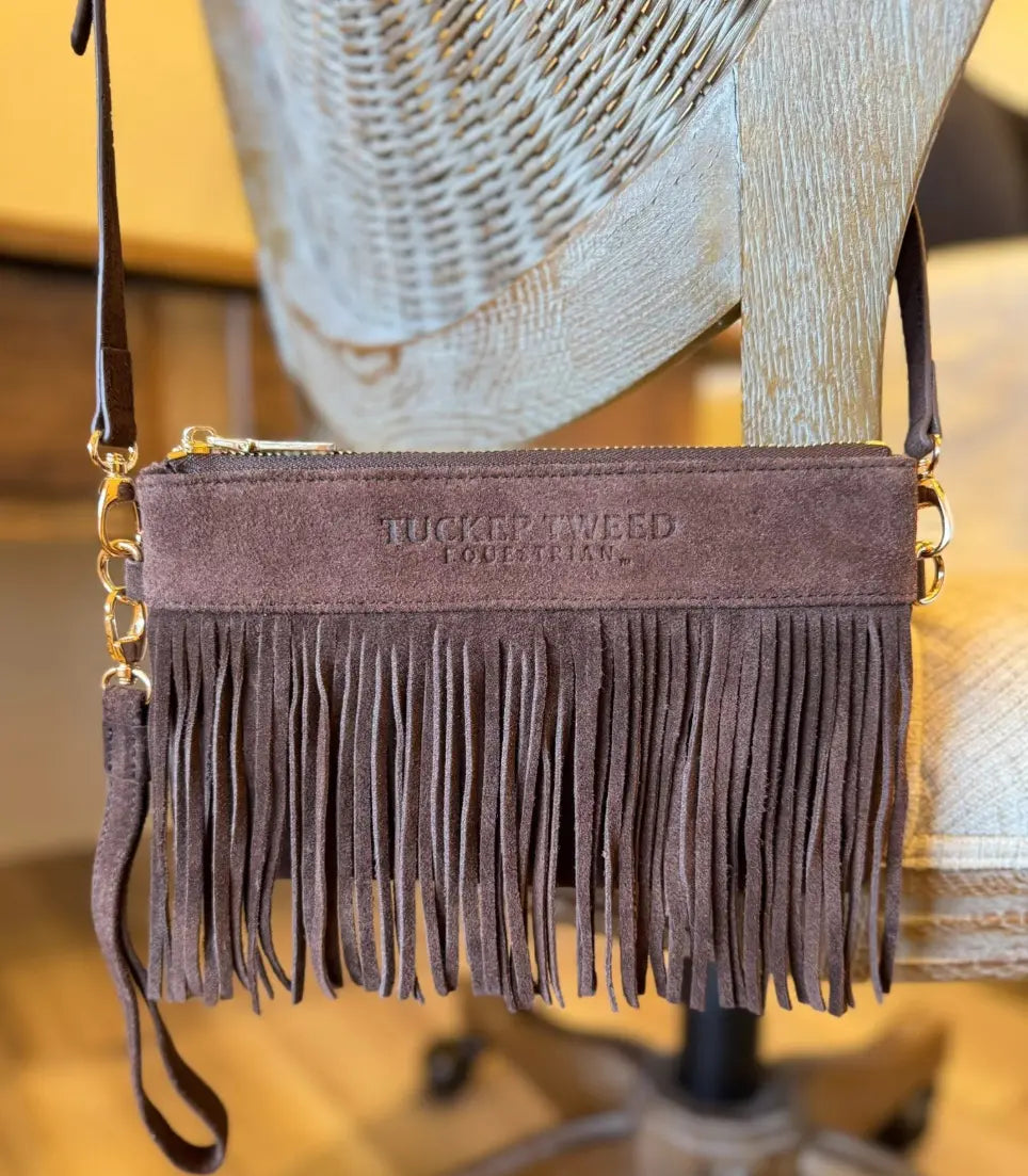 Ltd Edition SUEDE Wellington Wristlet Dark Chocolate Fringe Tucker Tweed