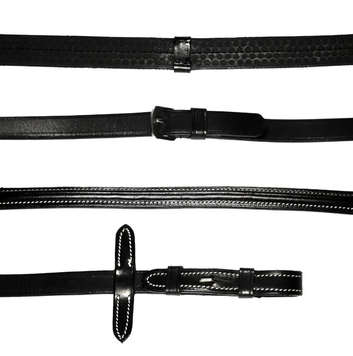 Lumiere Leather &amp; Rubber Grip Rein (Flat) White Stitching – Brass Fittings
