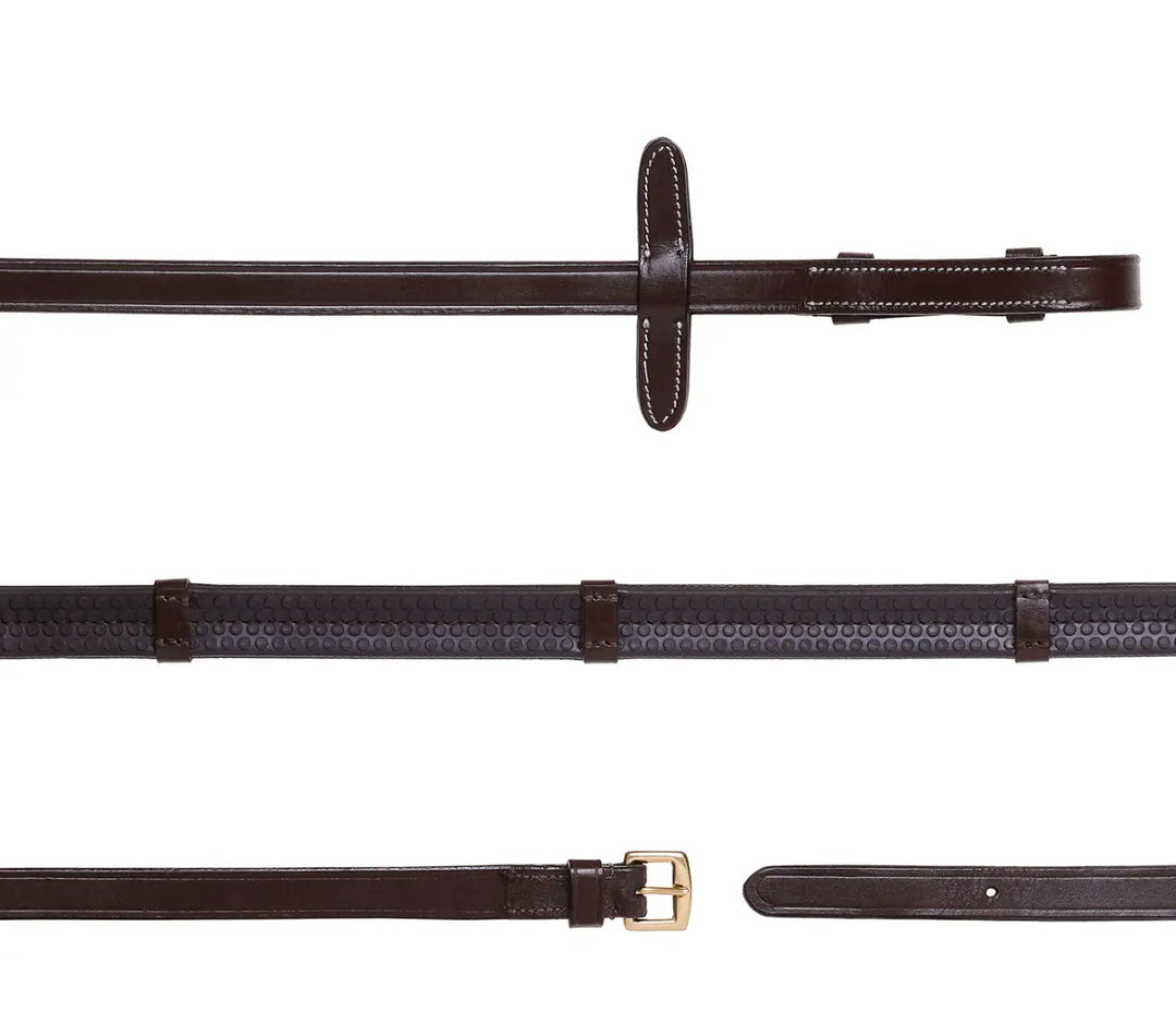 Lumiere Leather &amp; Rubber Grip Rein (Flat) White Stitching – Brass Fittings