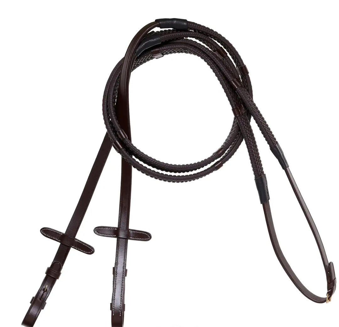 Lumiere Leather &amp; Rubber Grip Rein (Flat) White Stitching – Brass Fittings