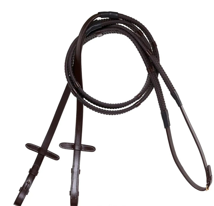 Lumiere Leather &amp; Rubber Grip Rein (Flat) White Stitching – Brass Fittings