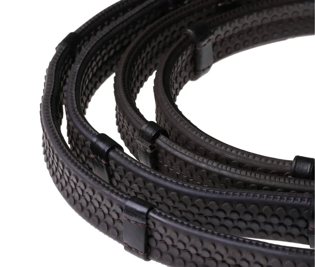 Lumiere Leather &amp; Rubber Grip Rein (Flat) White Stitching – Brass Fittings