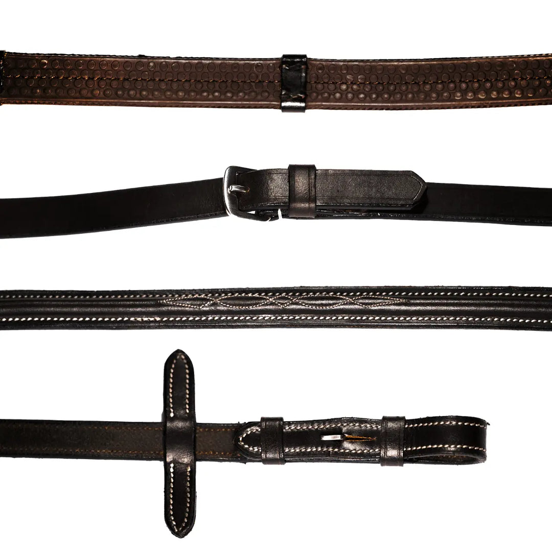 Lumiere Leather &amp; Rubber Grip Reins (Flat) White Stitching – Silver Billet