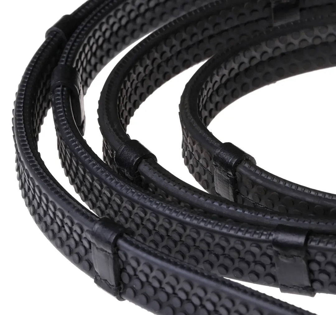 Lumiere Leather &amp; Rubber Grip Reins (Flat) White Stitching – Silver Billet