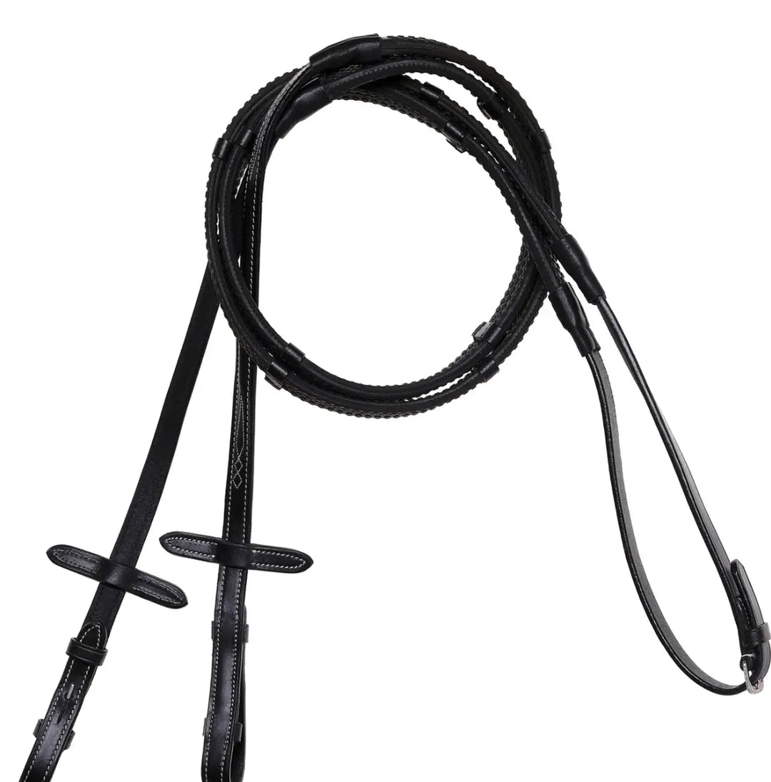 Lumiere Leather &amp; Rubber Grip Reins (Flat) White Stitching – Silver Billet