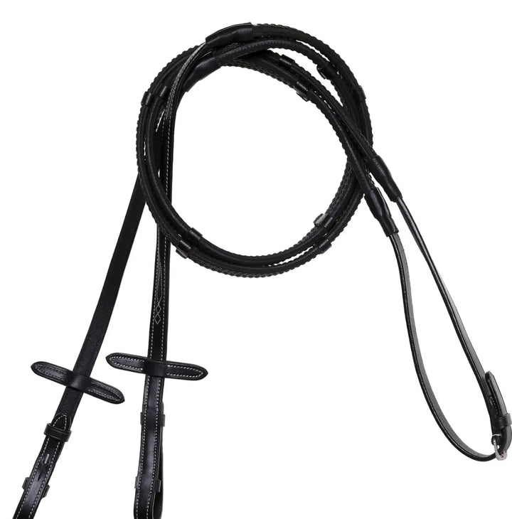 Lumiere Leather &amp; Rubber Grip Reins (Flat) White Stitching – Silver Billet