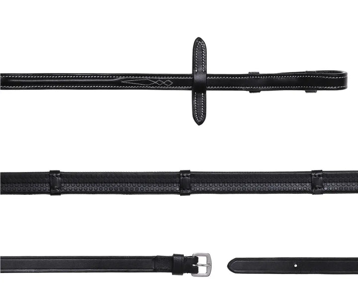 Lumiere Leather &amp; Rubber Grip Reins (Flat) White Stitching – Silver Billet