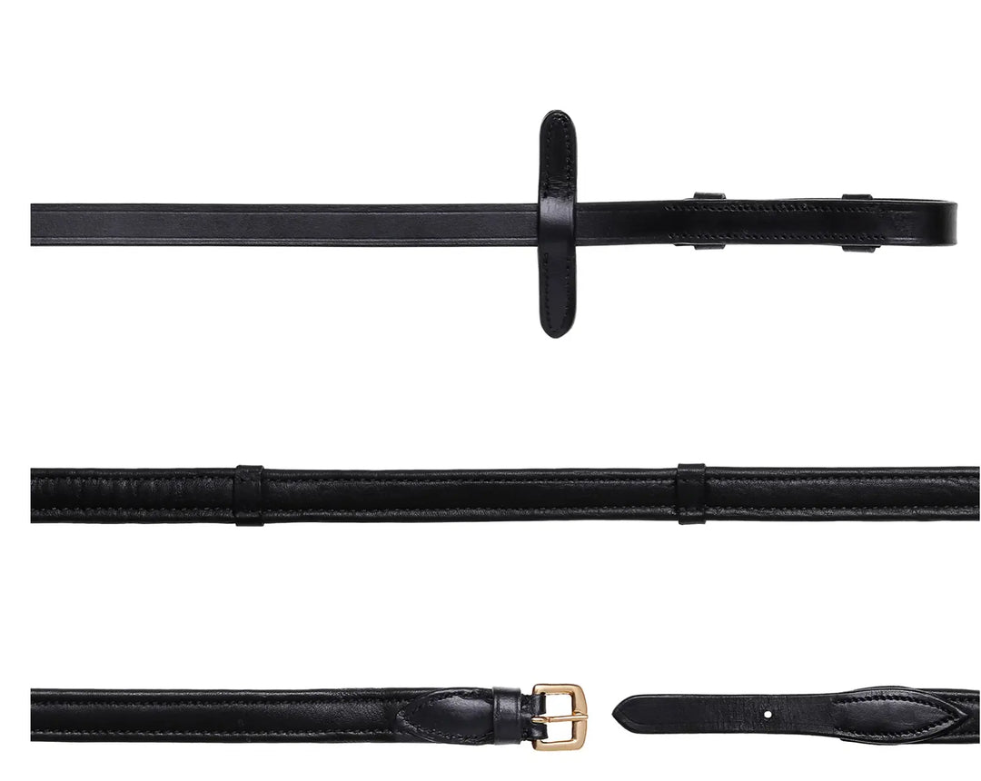 Lumiere Padded Nappa Leather Reins (Flat) Black with Black Stitching – Gold Fittings