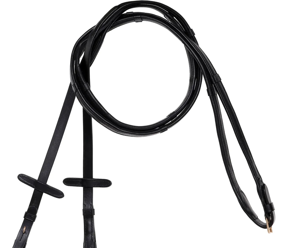 Lumiere Padded Nappa Leather Reins (Flat) Black with Black Stitching – Gold Fittings Lumiere