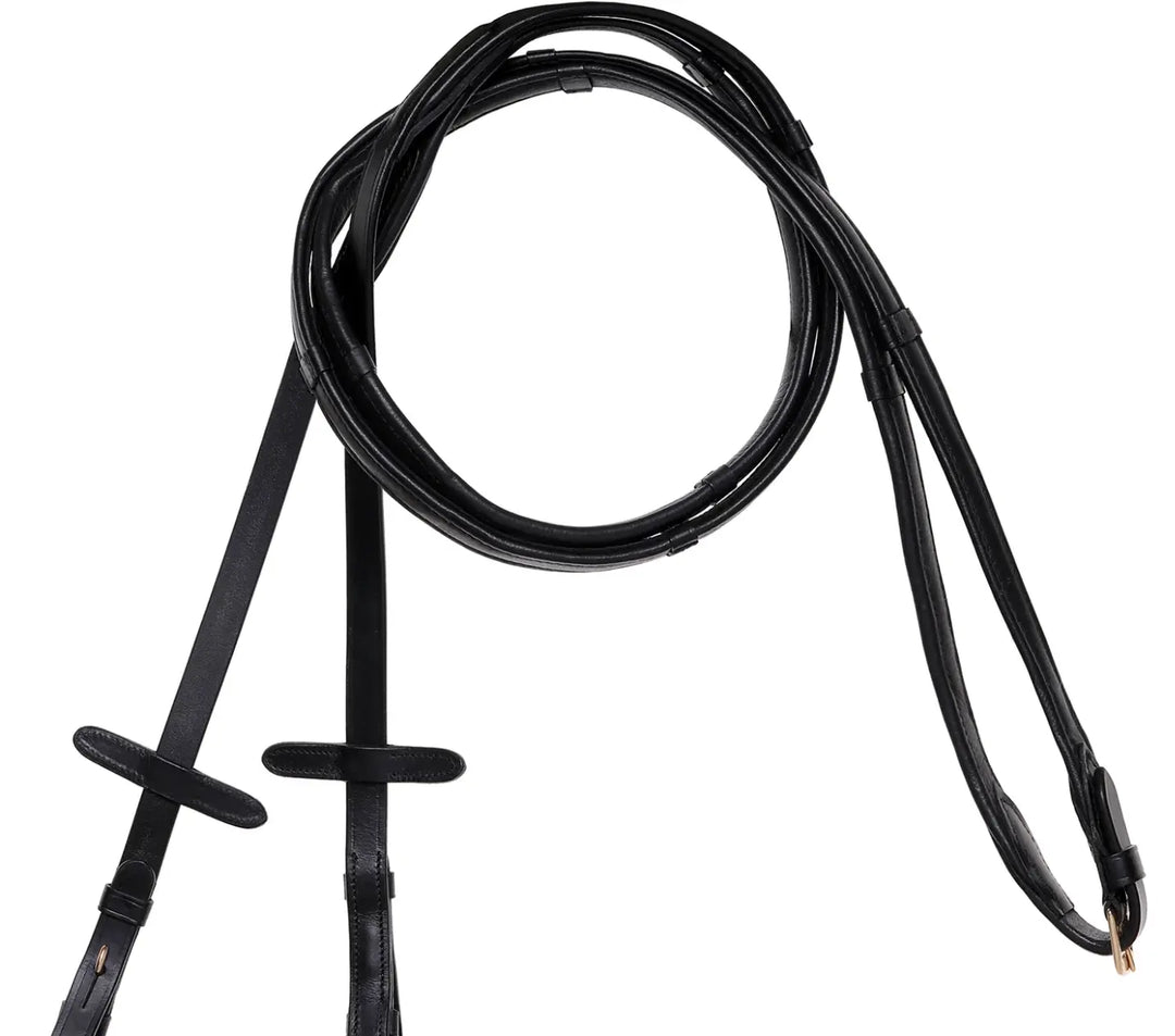 Lumiere Padded Nappa Leather Reins (Flat) Black with Black Stitching – Gold Fittings
