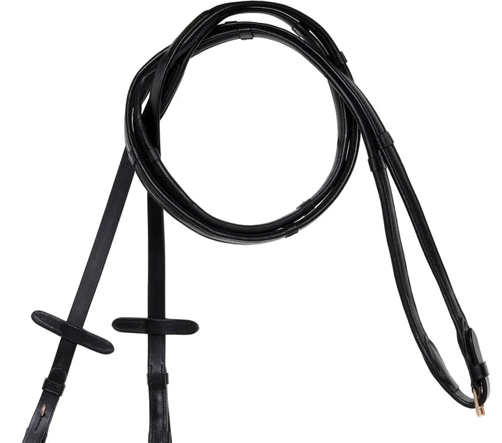 Lumiere Padded Nappa Leather Reins (Flat) Black with Black Stitching – Gold Fittings