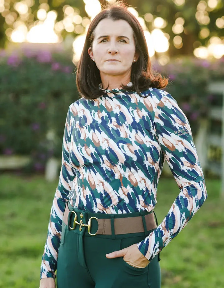 Novella Equestrian Market Rules Patterned Long Sleeve Mock Neck Novella