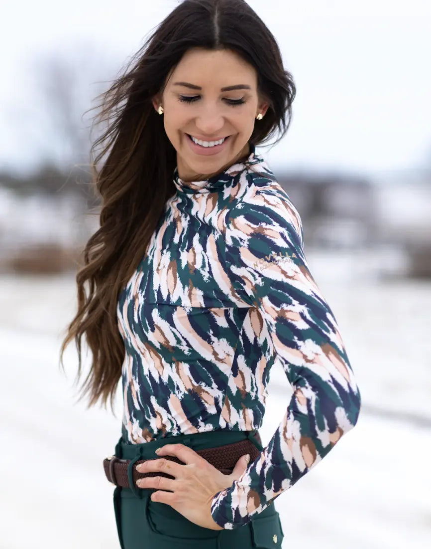 Novella Equestrian Market Rules Patterned Long Sleeve Mock Neck Novella