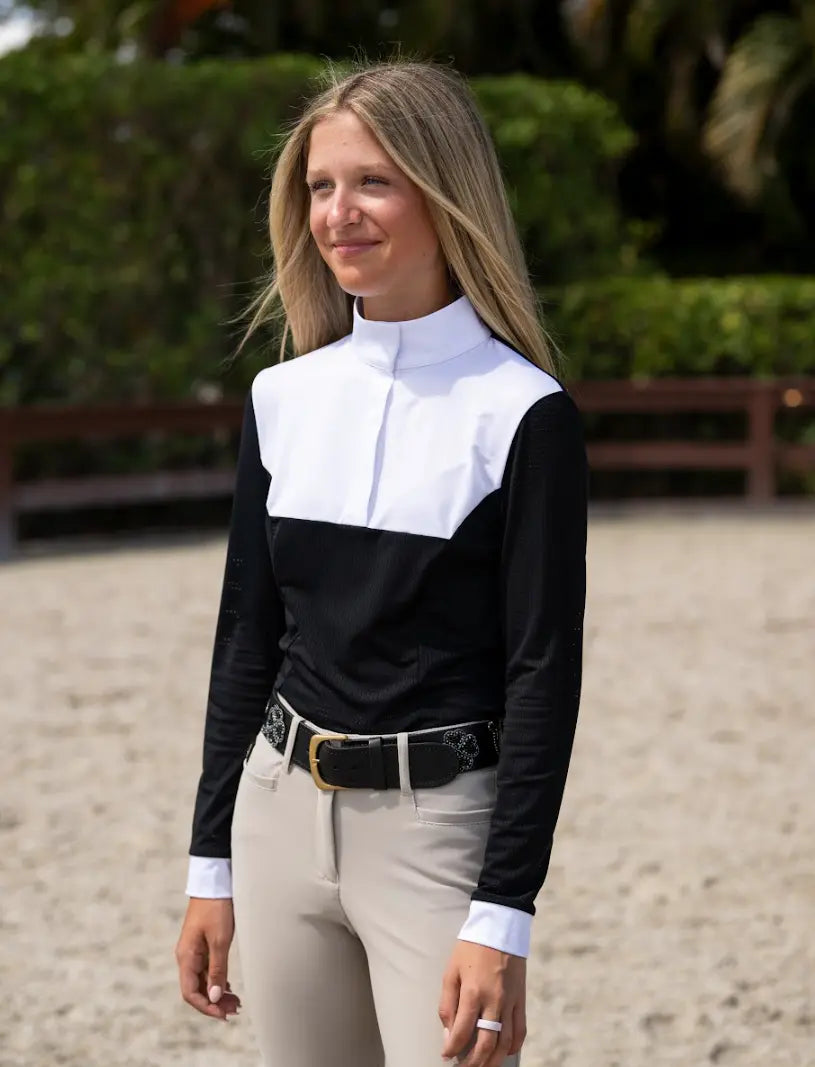 Pauline Perforated Long Sleeve Cuffed Show Shirt - Snap Button Collar Equisite