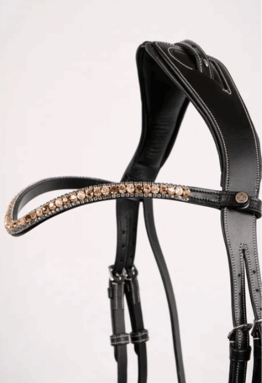 Montar Dlux Black Leather Snap Rosegold & Crystal Browband