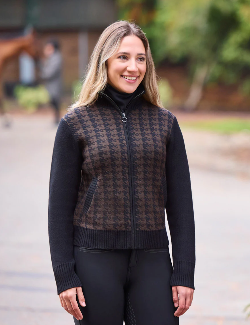 Houndstooth Full Zip Sweater - Black & Carob