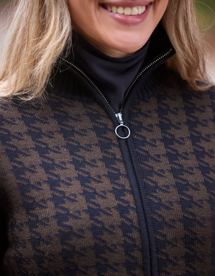 Houndstooth Full Zip Sweater - Black & Carob